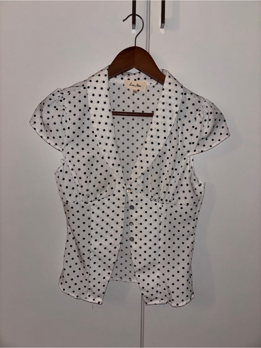 Polka Dot V-Neck Cap Sleeve Blouse - White with Black Dots